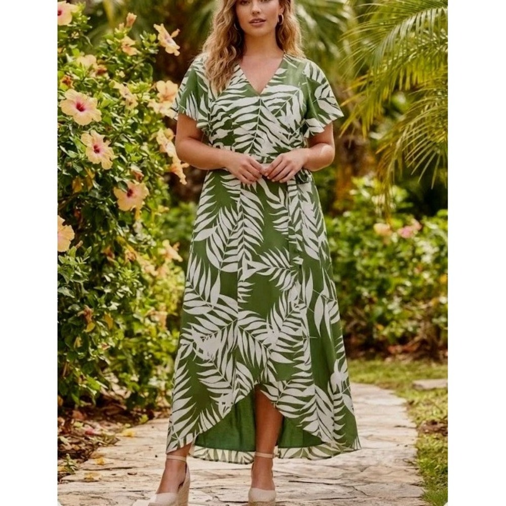 Hutch Green Palm Leaf Tropical Wrap Maxi Dress Flutter Sleeve Plus Size 1X